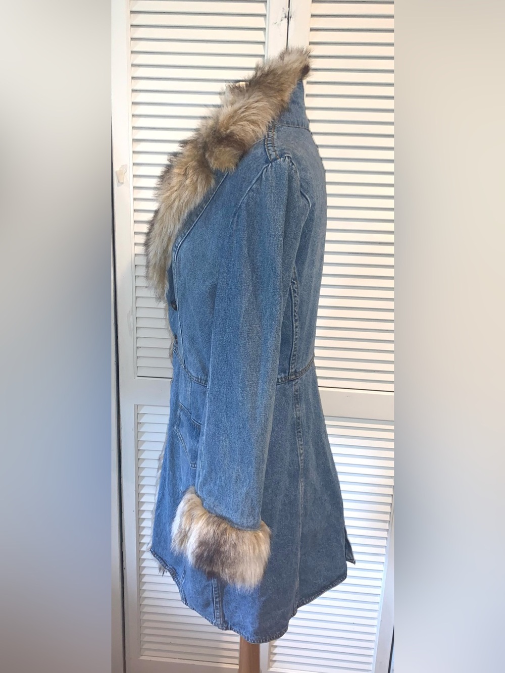 OTB Vintage Y2K Denim Penny Lane Trench Coat Faux Fur Trim Boho Afghan Jacket L - Picture 7 of 13